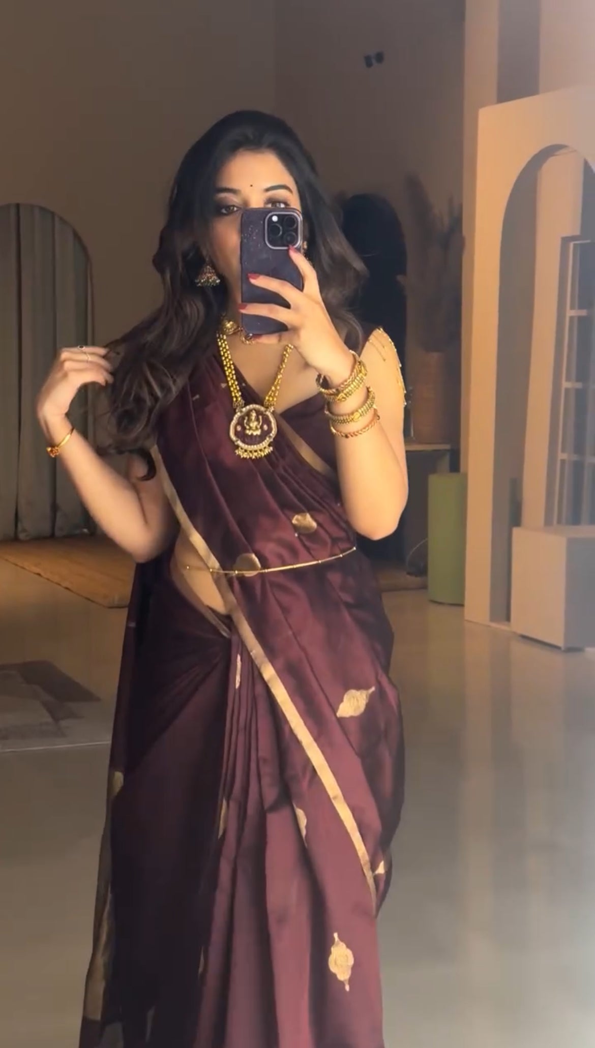 Mahogany chanderi silk saree with jhoomar motifs all over