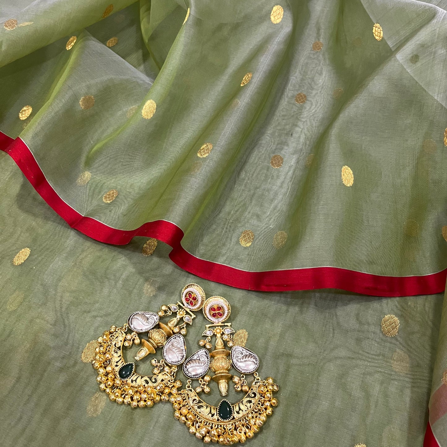 Olive gold &red Chanderi silk saree with zari bootis all over