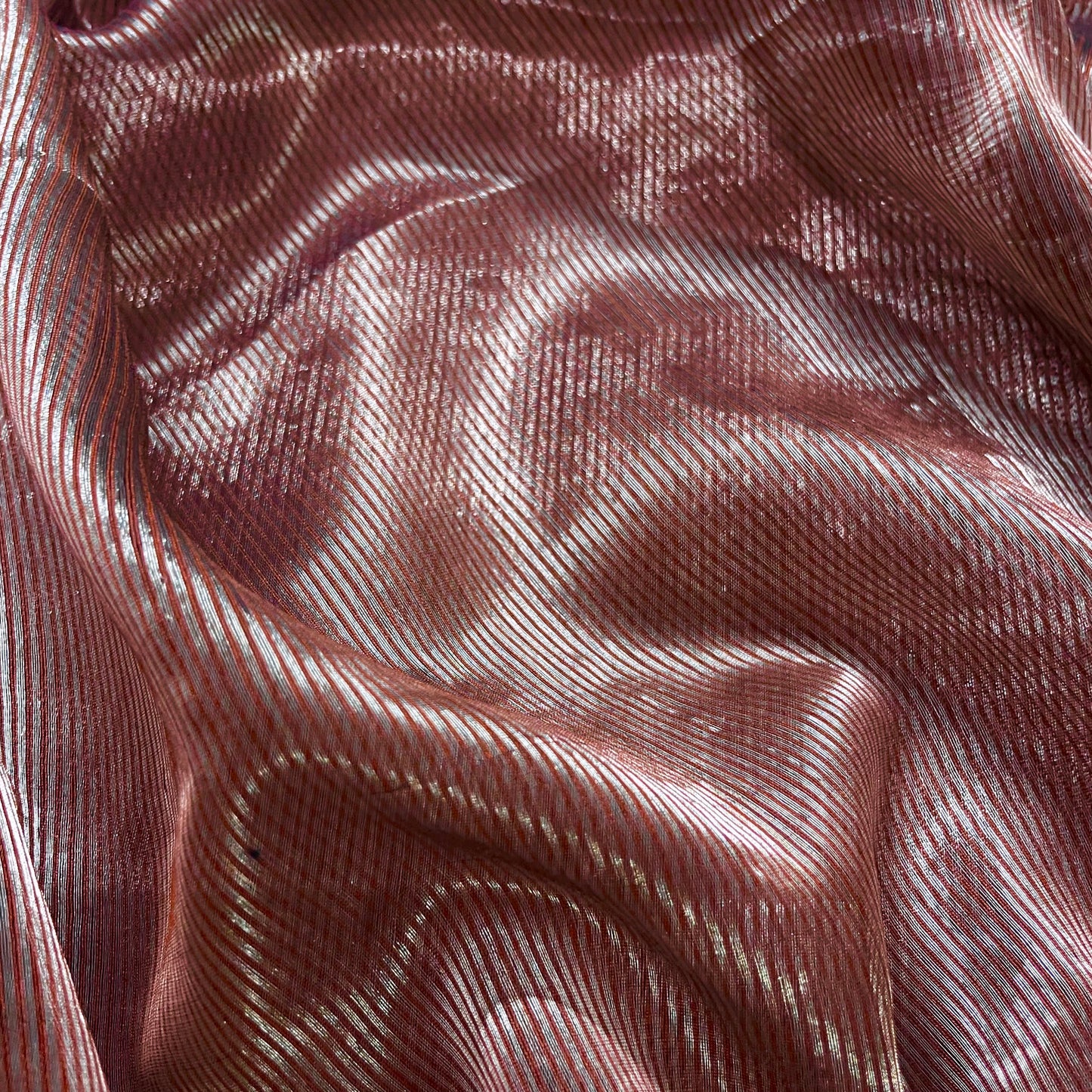 Chocolate brown Maheshwari saree with silver zari lines all over