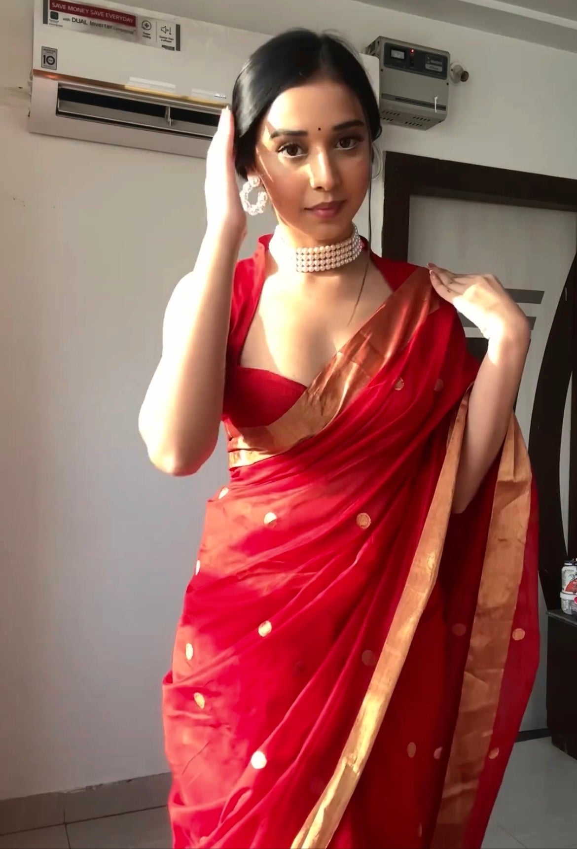 Red Chanderi Saree with zari bootis all over