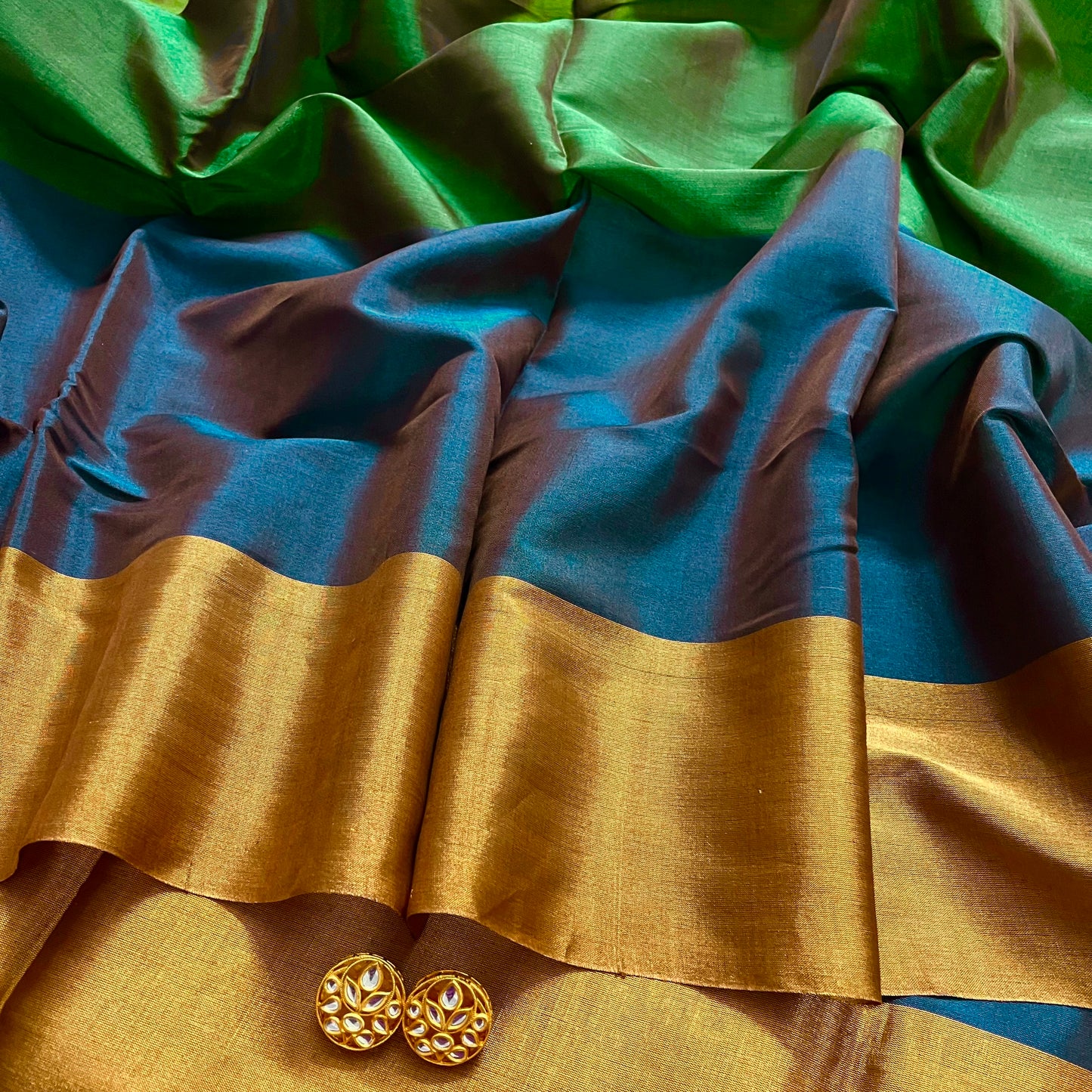 Green gold and blue chanderi tissue silk saree