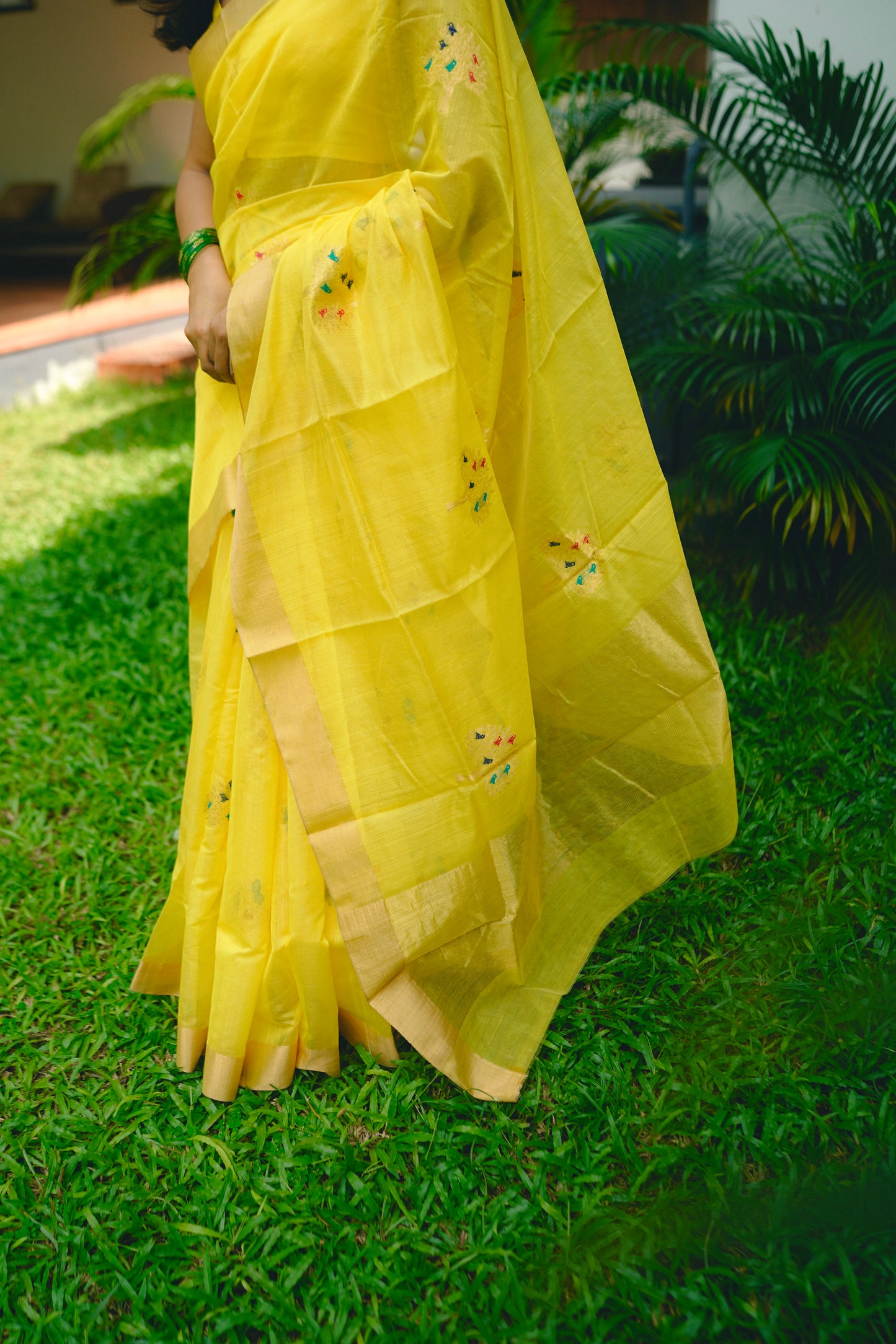 Yellow Chanderi saree with birds on tree motifs all over