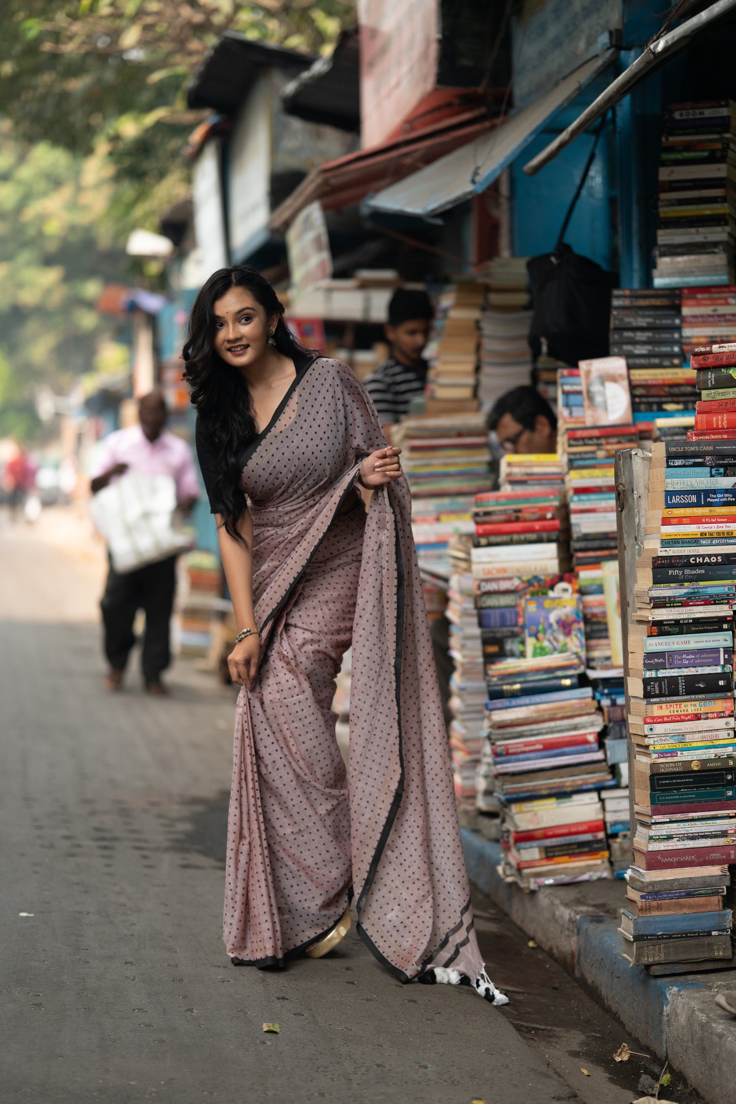 Greyish beige and black polka dot mulmul saree