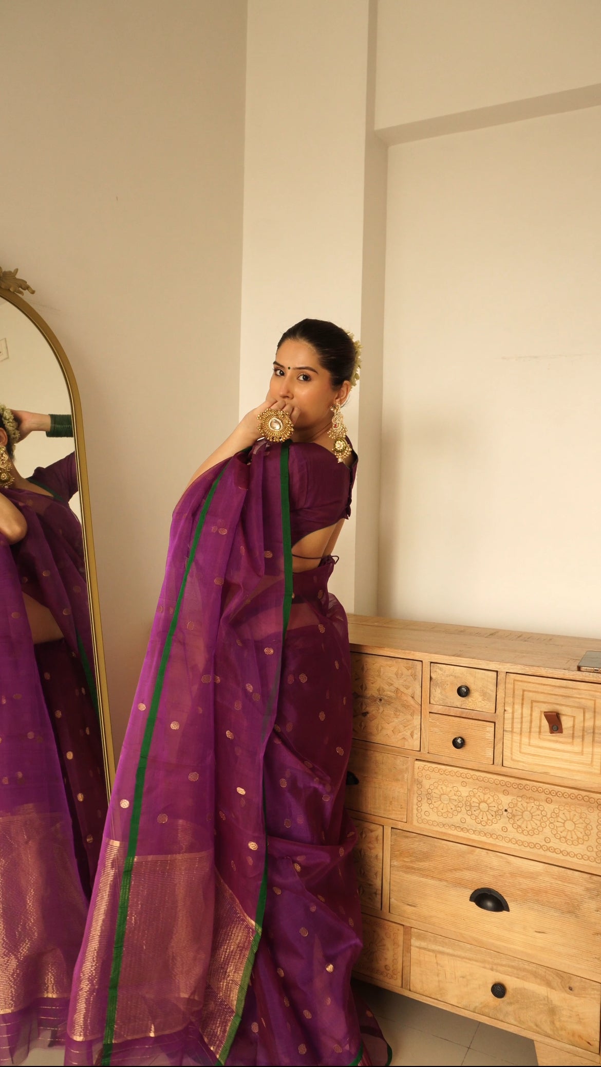 Violet dual tone chanderi silk saree with zari bootis all over