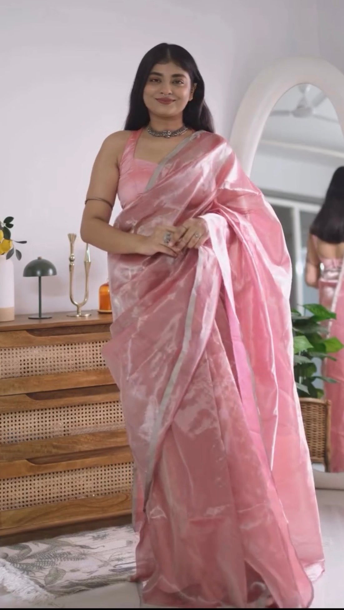 Flamingo pink Chanderi tissue silk saree