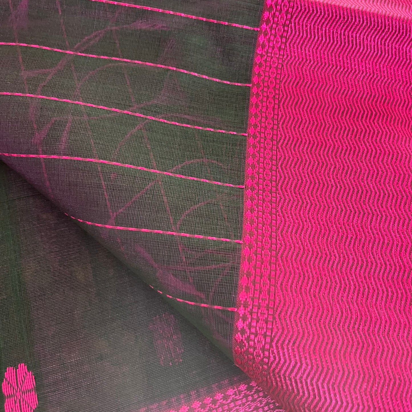 Dark grey and pink Maheshwari saree resham bootis all over