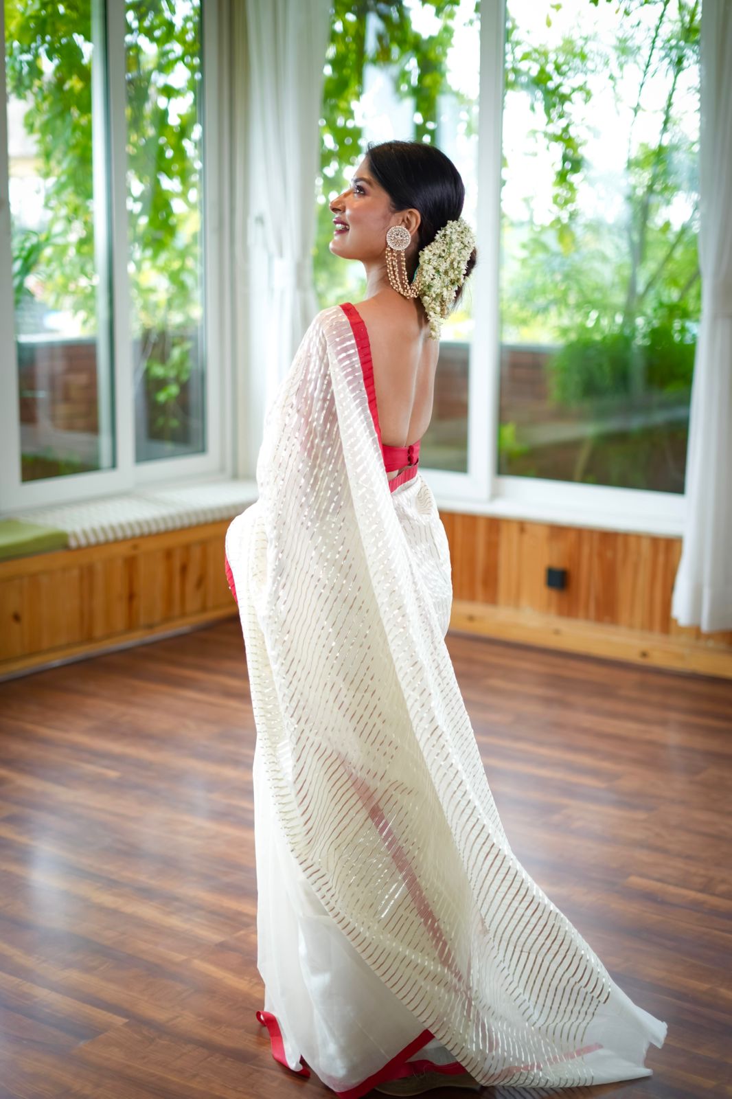 Off white & red chanderi saree with intricate gota work all over