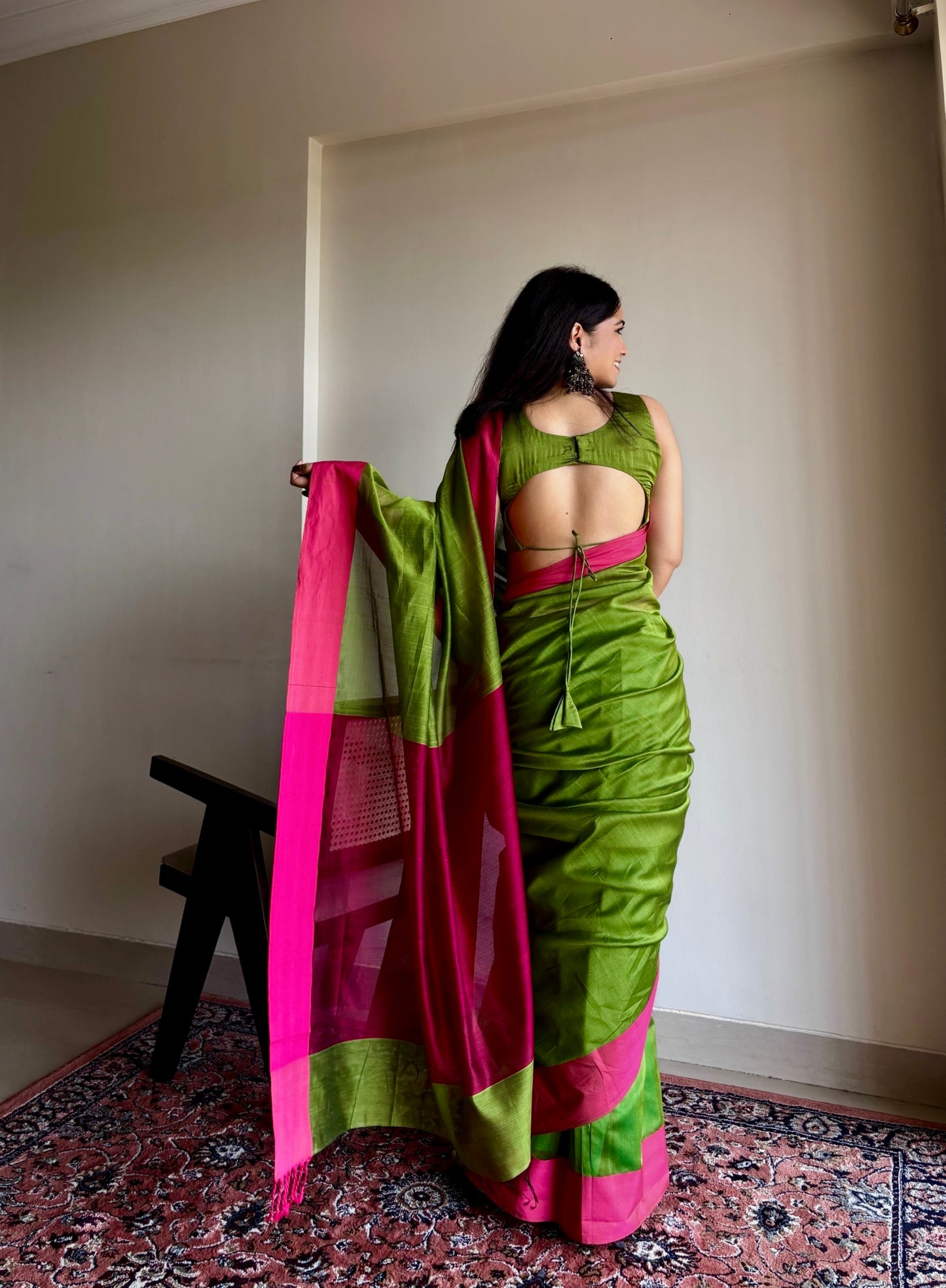Olive green and pink maheshwari saree