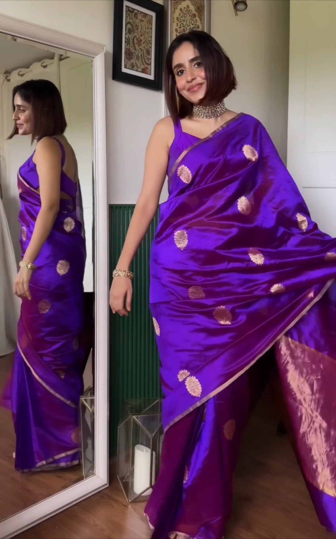 Violet dual tone chanderi silk saree with mor-motifs all over