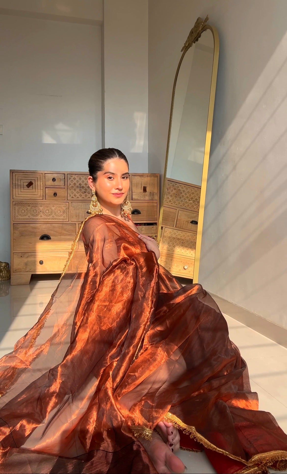 Molten Copper chanderi tissue silk saree with kiran border