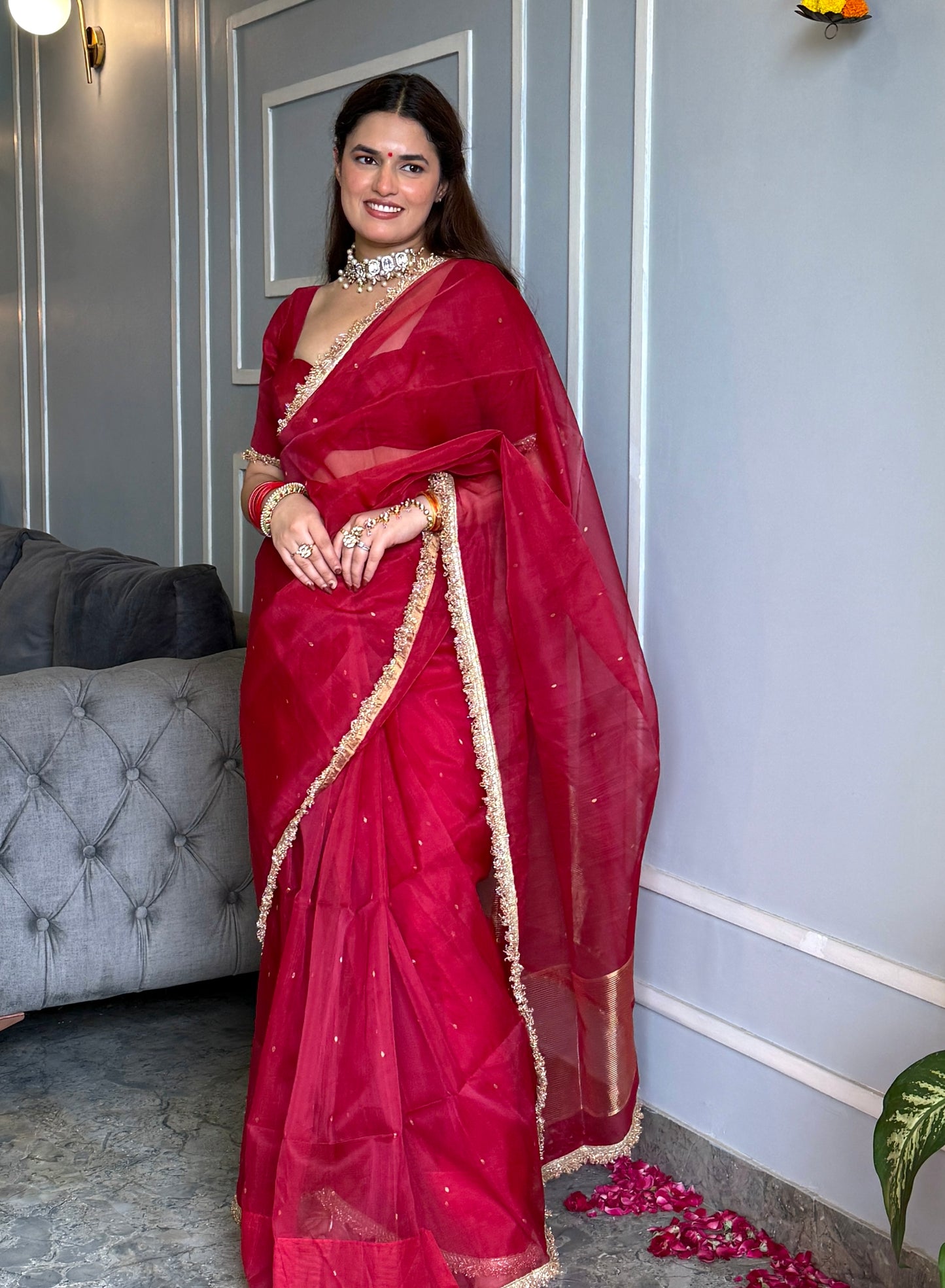Dark rose chanderi silk saree with zari bootis all over