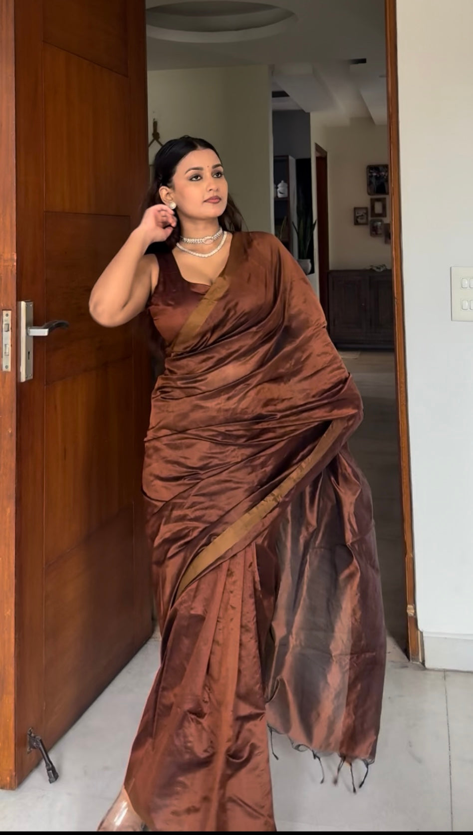 Cinnamon brown chanderi silk saree with silk border