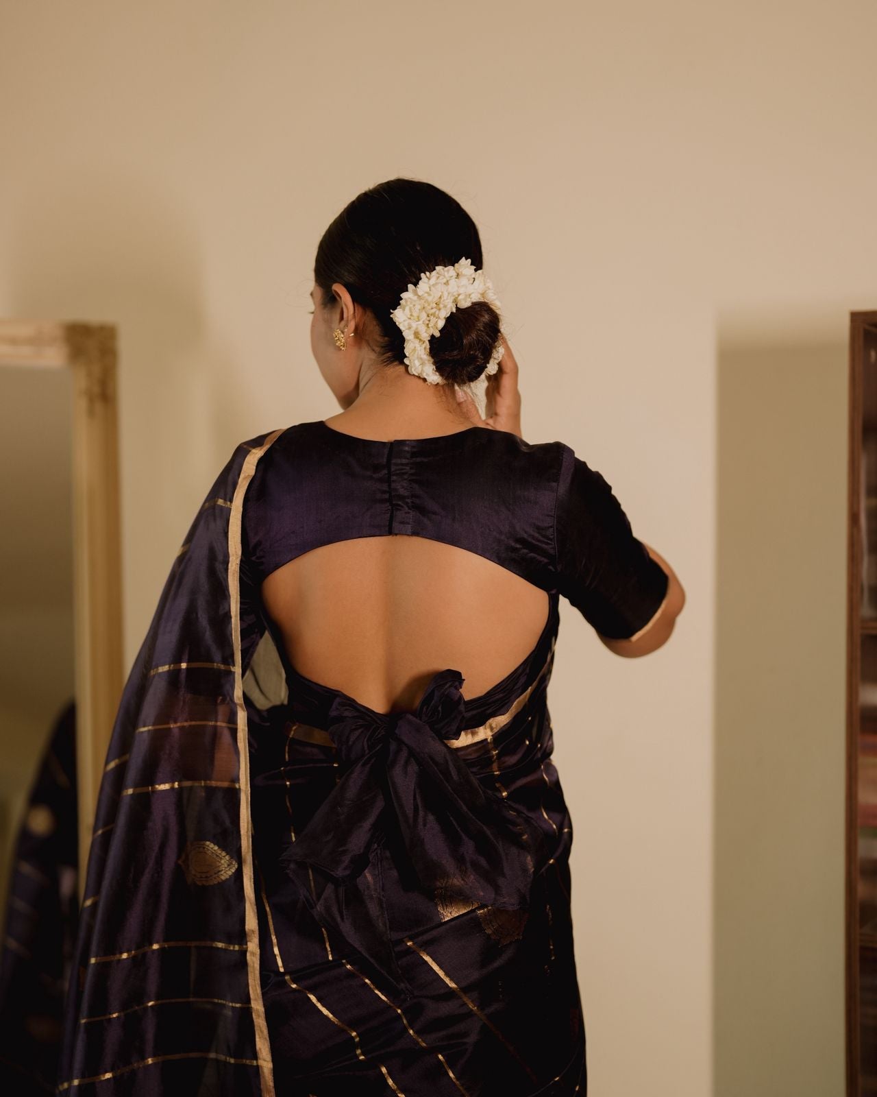 Midnight blue Chanderi silk saree with zari motifs all over