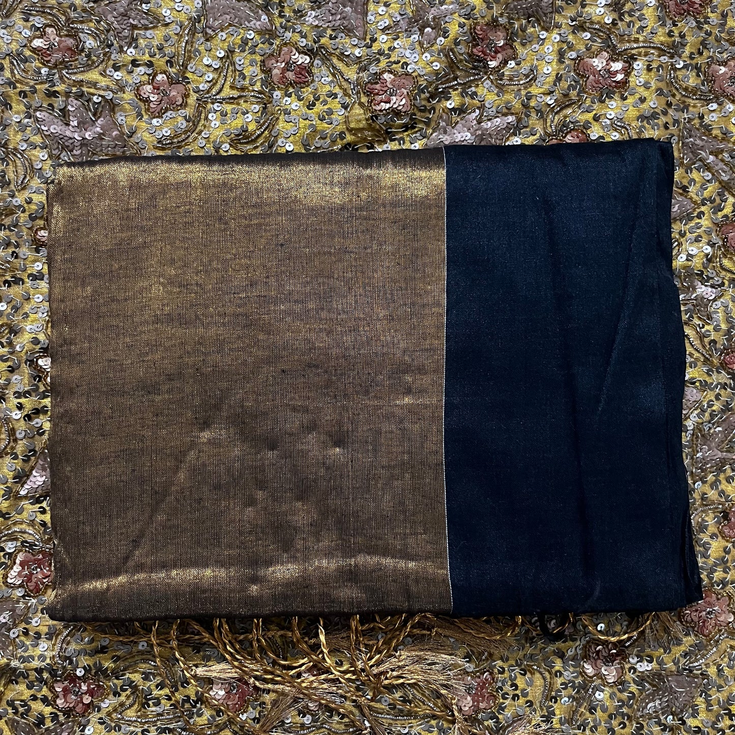 Gold and black linen saree