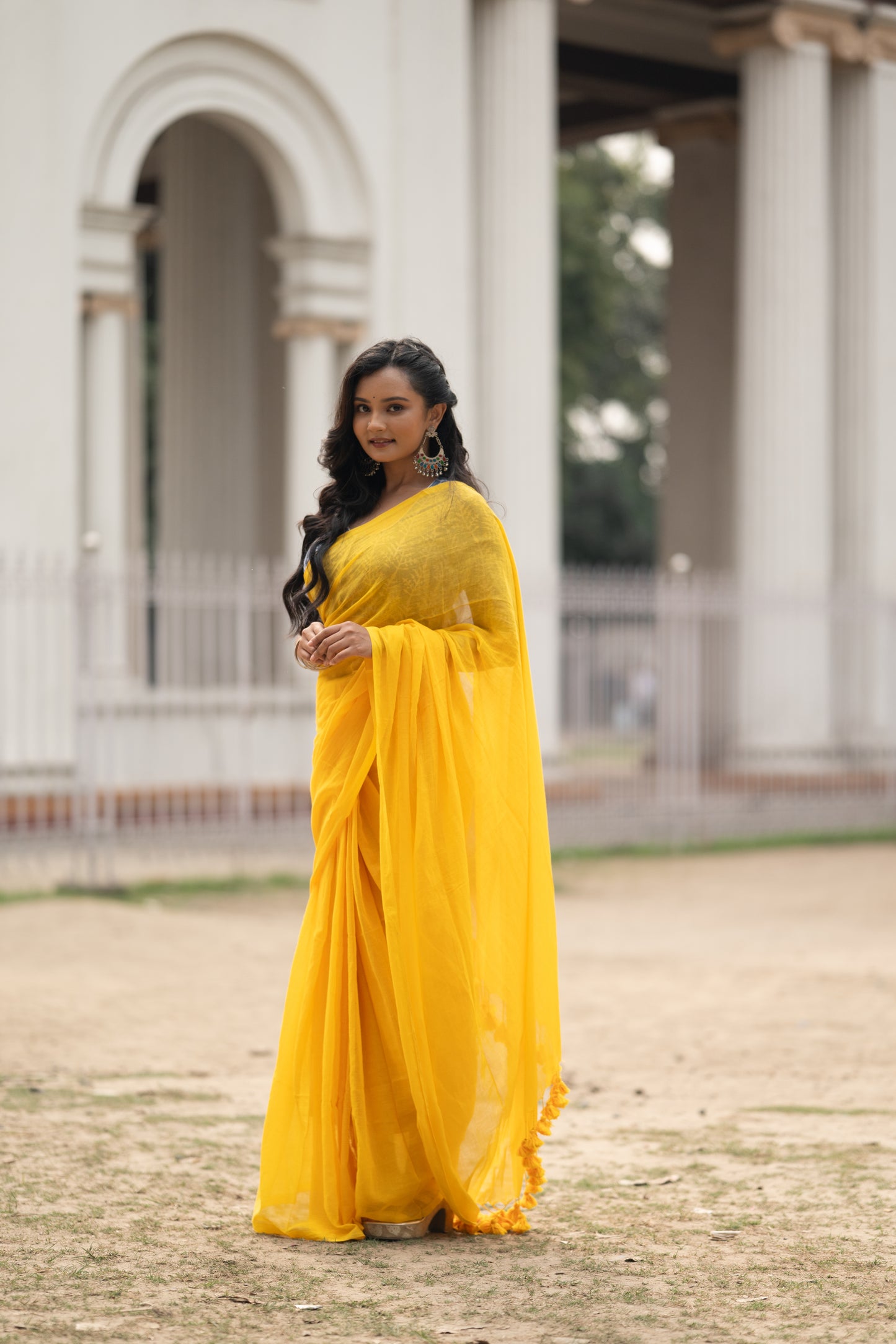Yellow mulmul saree