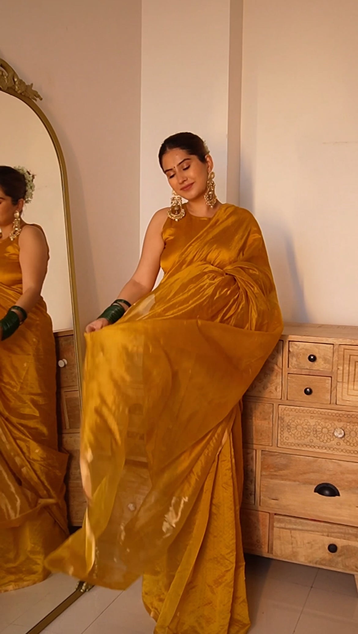 Mustard gold chanderi silk saree with flower bootis all over