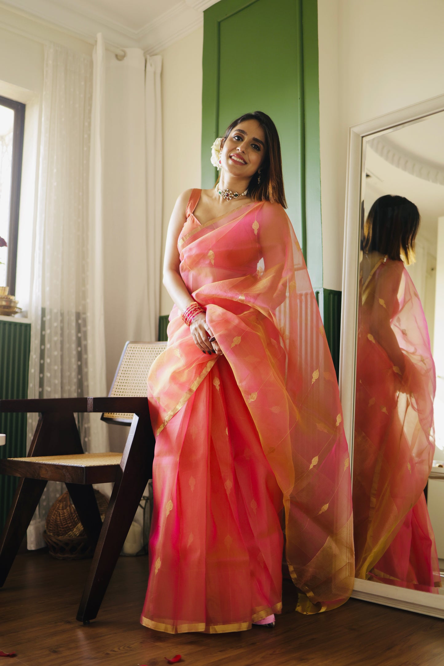 Coral pink dual tone Chanderi organza silk saree with jhumka motifs all over