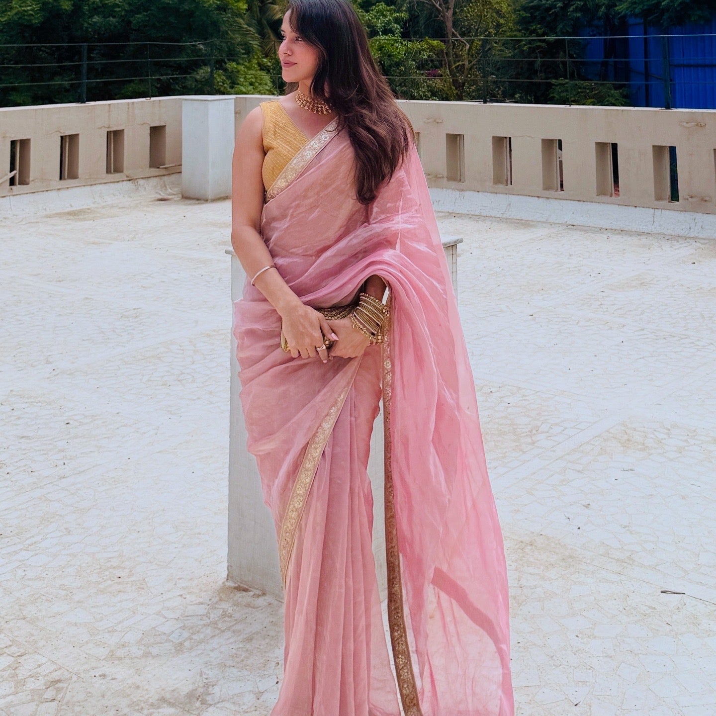 Flamingo pink Chanderi tissue silk saree with zari bootis all over