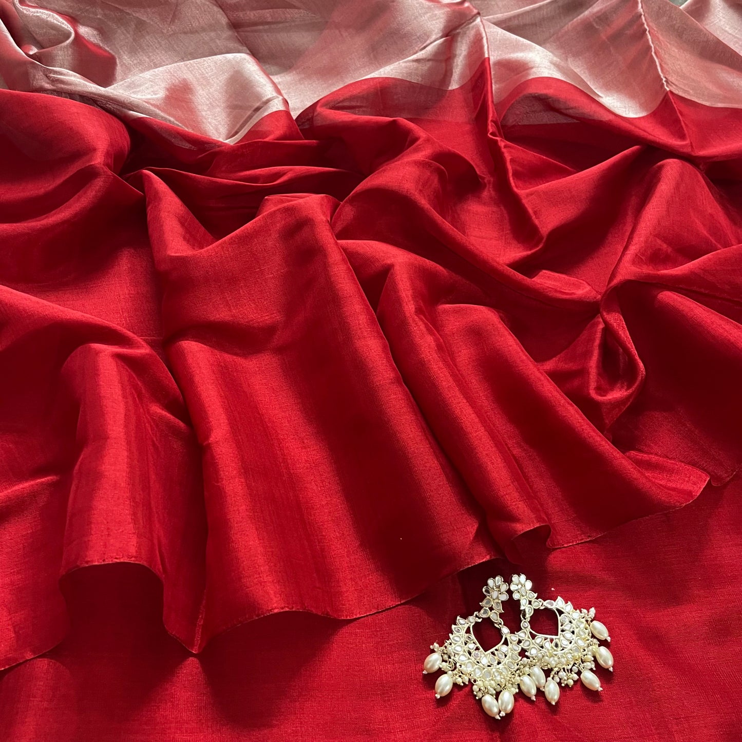 Silver and red chanderi tissue silk saree