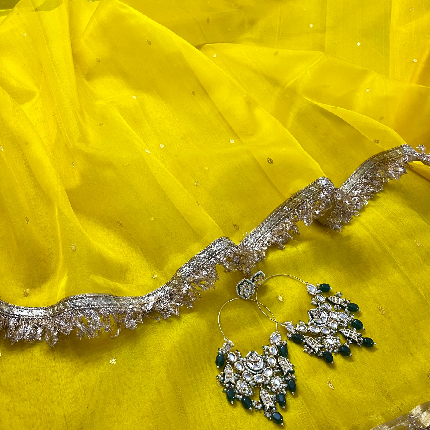 Corn yellow Chanderi silk saree with zari bootis all over