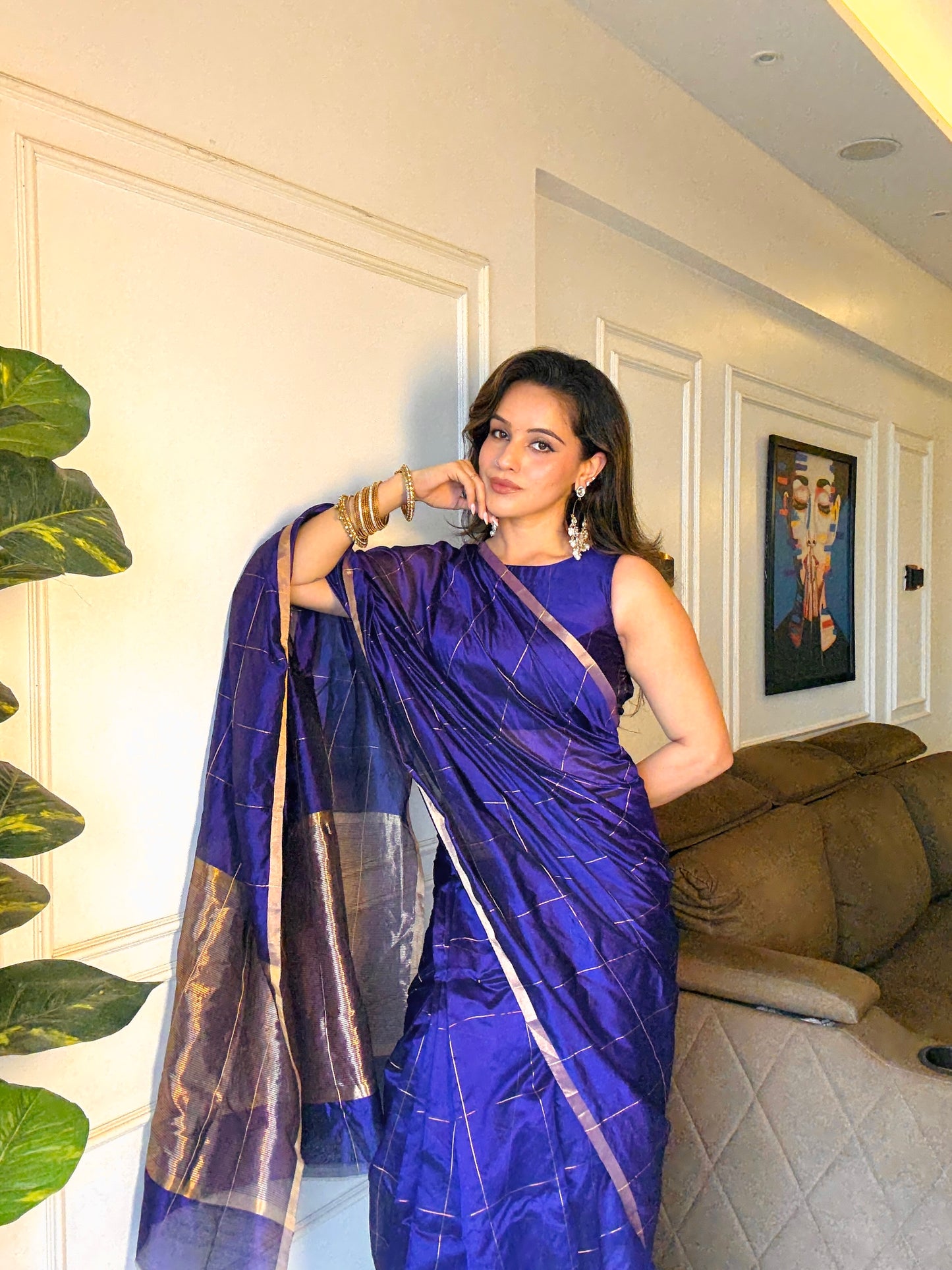 Dark purple chanderi silk saree with zari checks all over