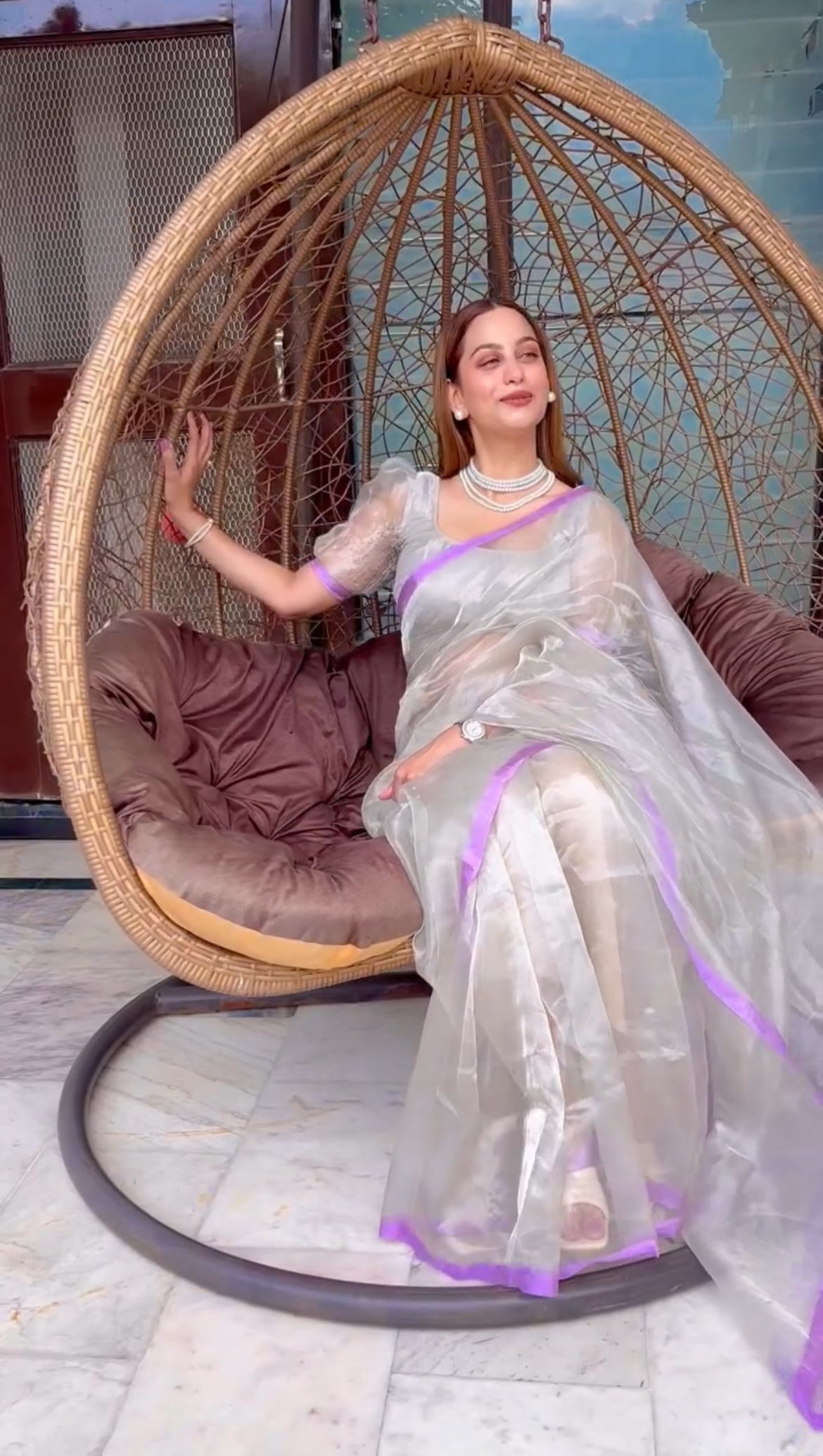 Silver white and lilac chanderi tissue silk saree