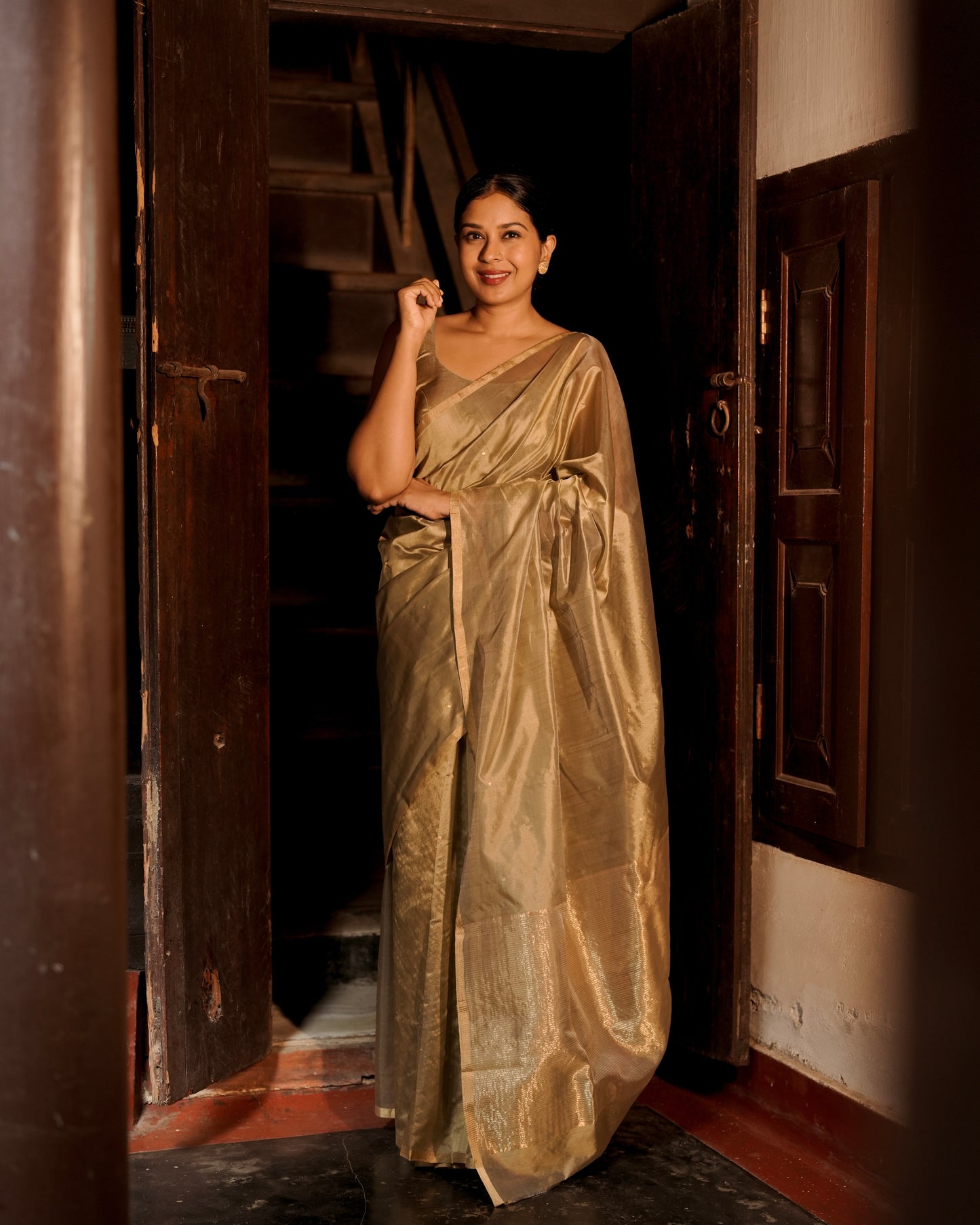 Antique gold chanderi silk saree with zari bootis all over