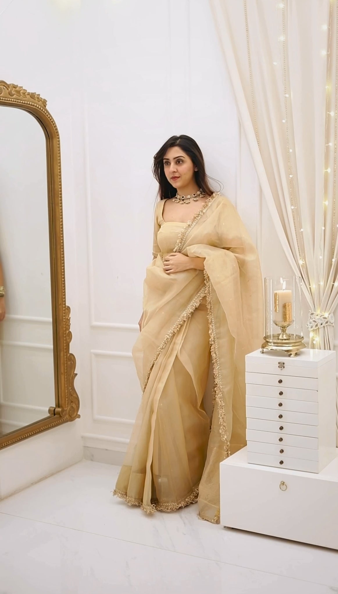 Beige gold Chanderi organza silk saree with zari bootis all over