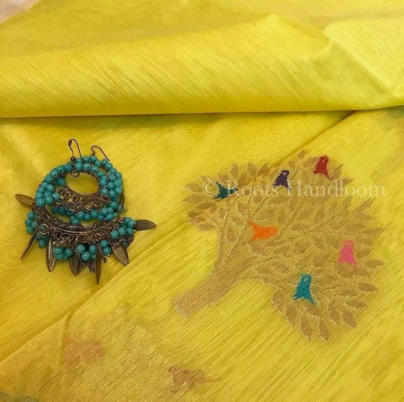Yellow Chanderi saree with birds on tree motifs all over