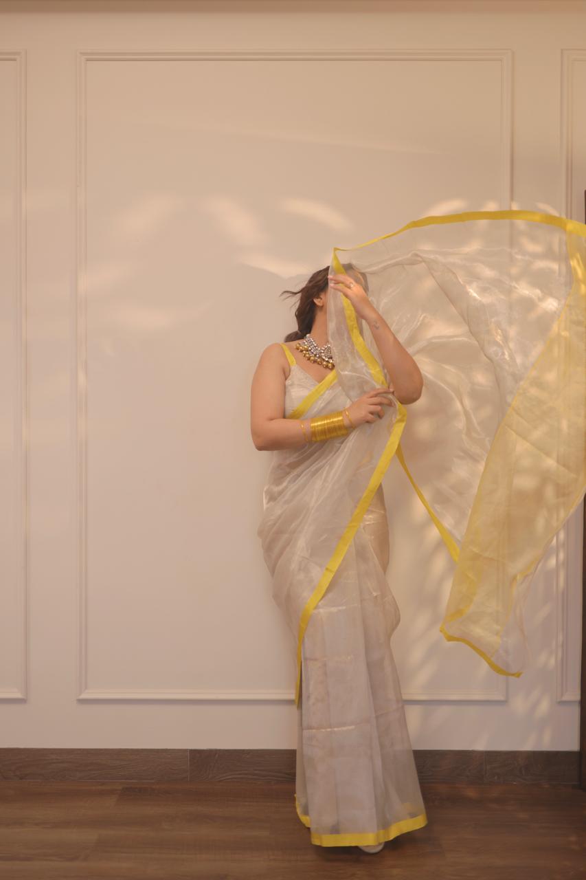 Silver white and lemon chanderi tissue silk saree