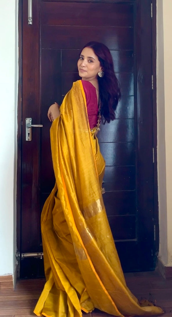 Gold mustard maheshwari saree with zari bootis all over