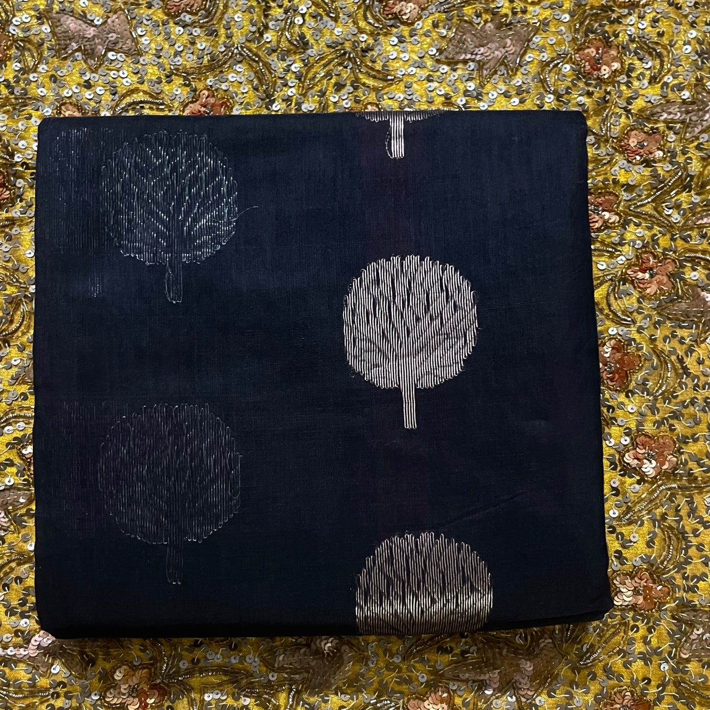Black Chanderi saree with silver tree motifs all over
