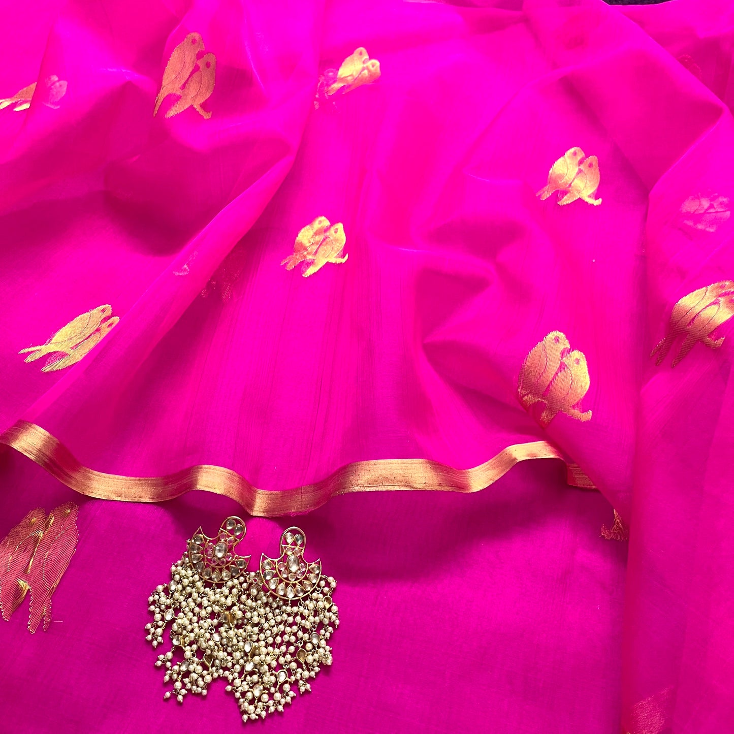 Pink chanderi organza silk saree with bird motifs all over