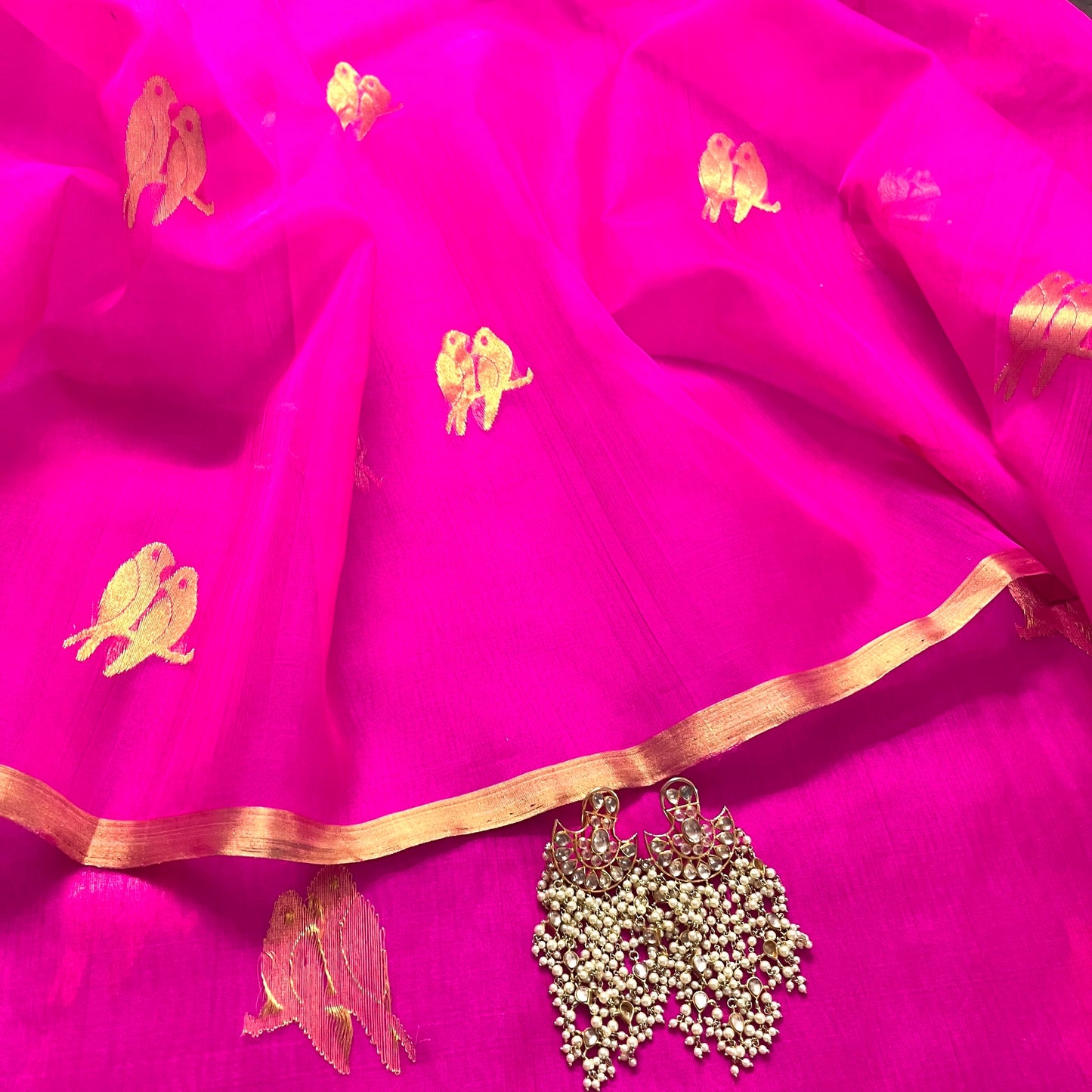 Pink chanderi organza silk saree with bird motifs all over