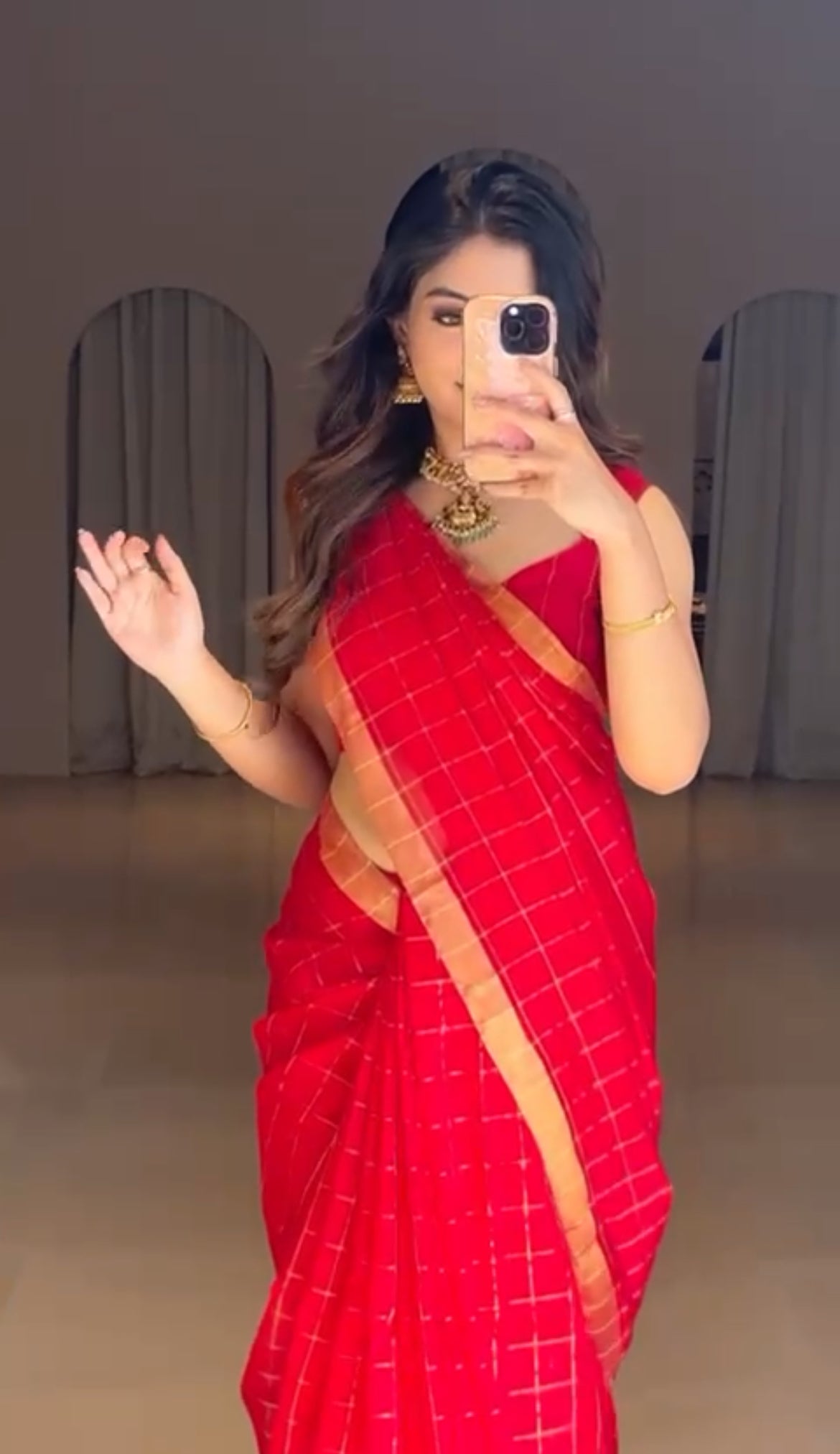 Red maheshwari saree with zari checks all over