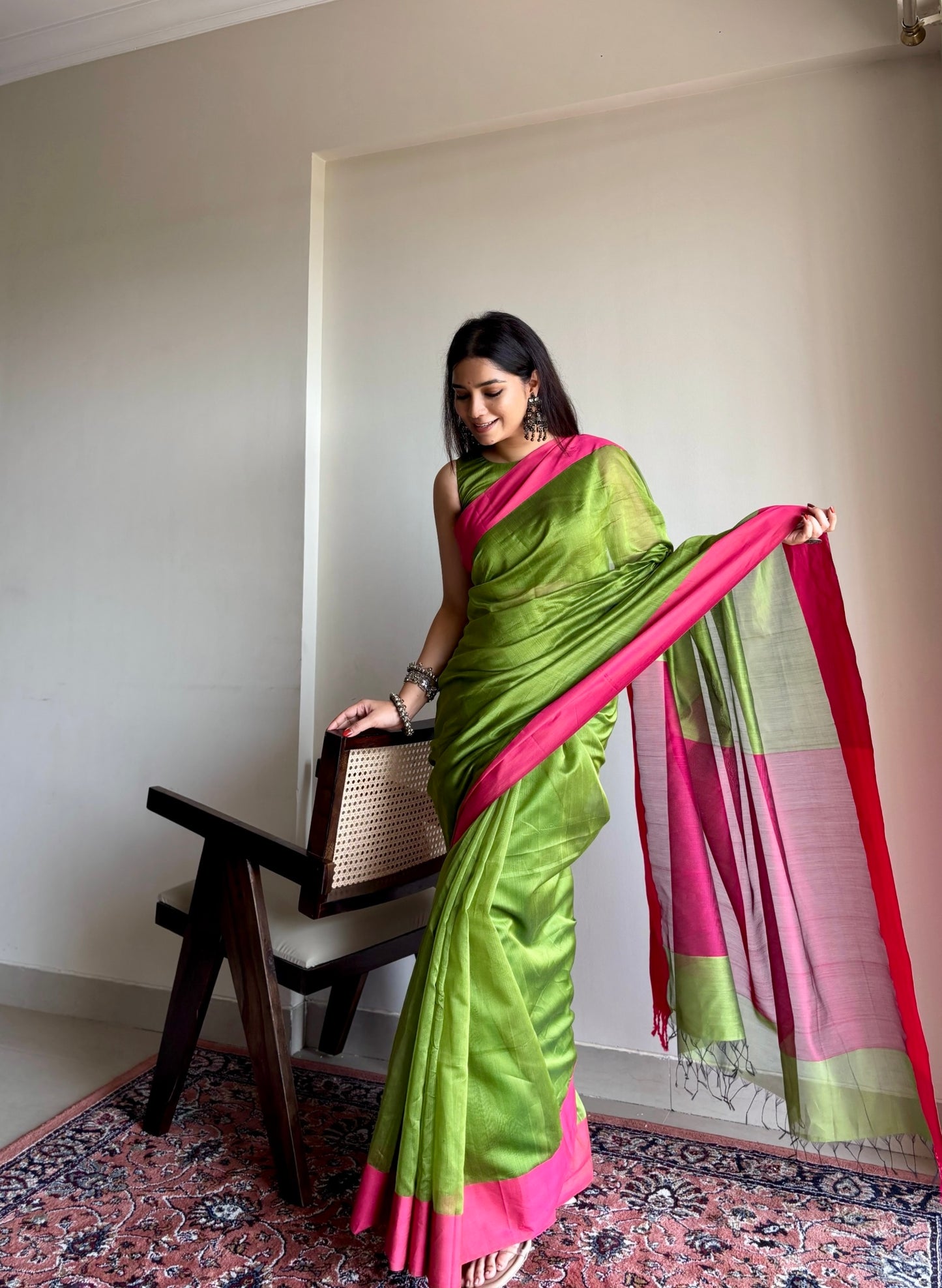 Olive green and pink maheshwari saree