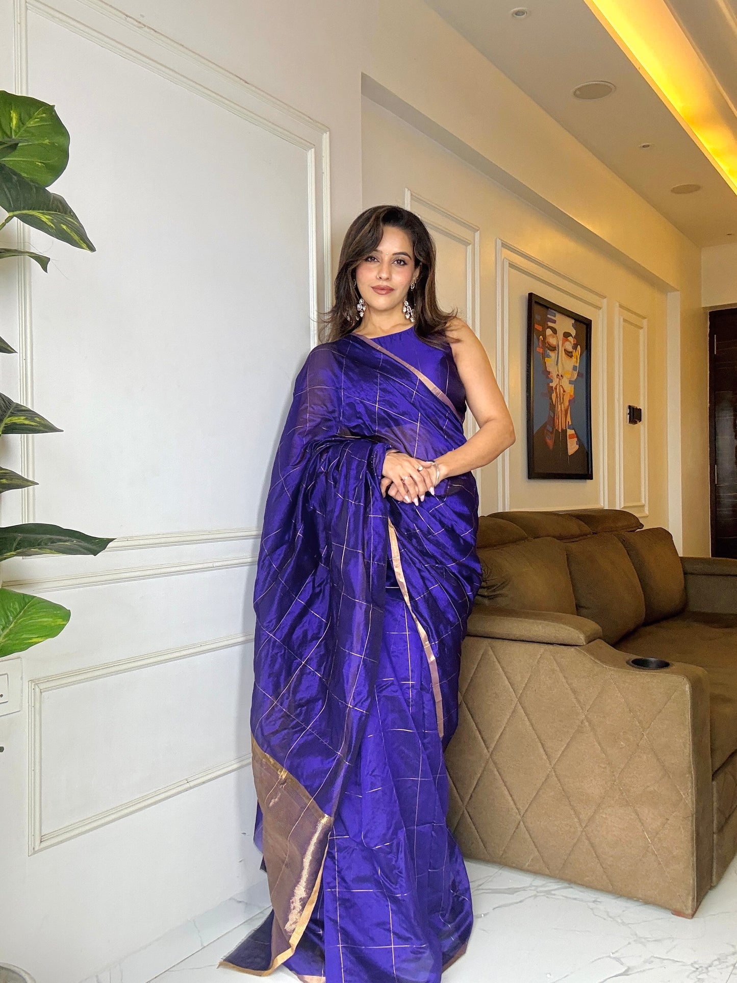 Dark purple chanderi silk saree with zari checks all over