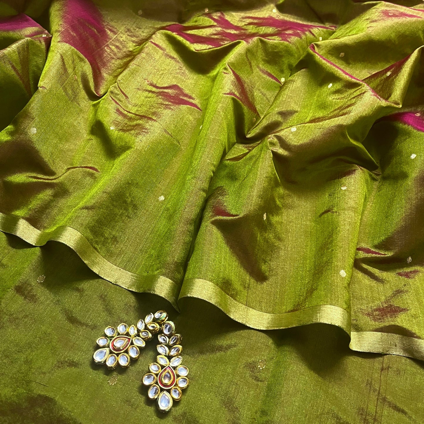Olive green and maroon dual tone chanderi silk saree with zari bootis all over