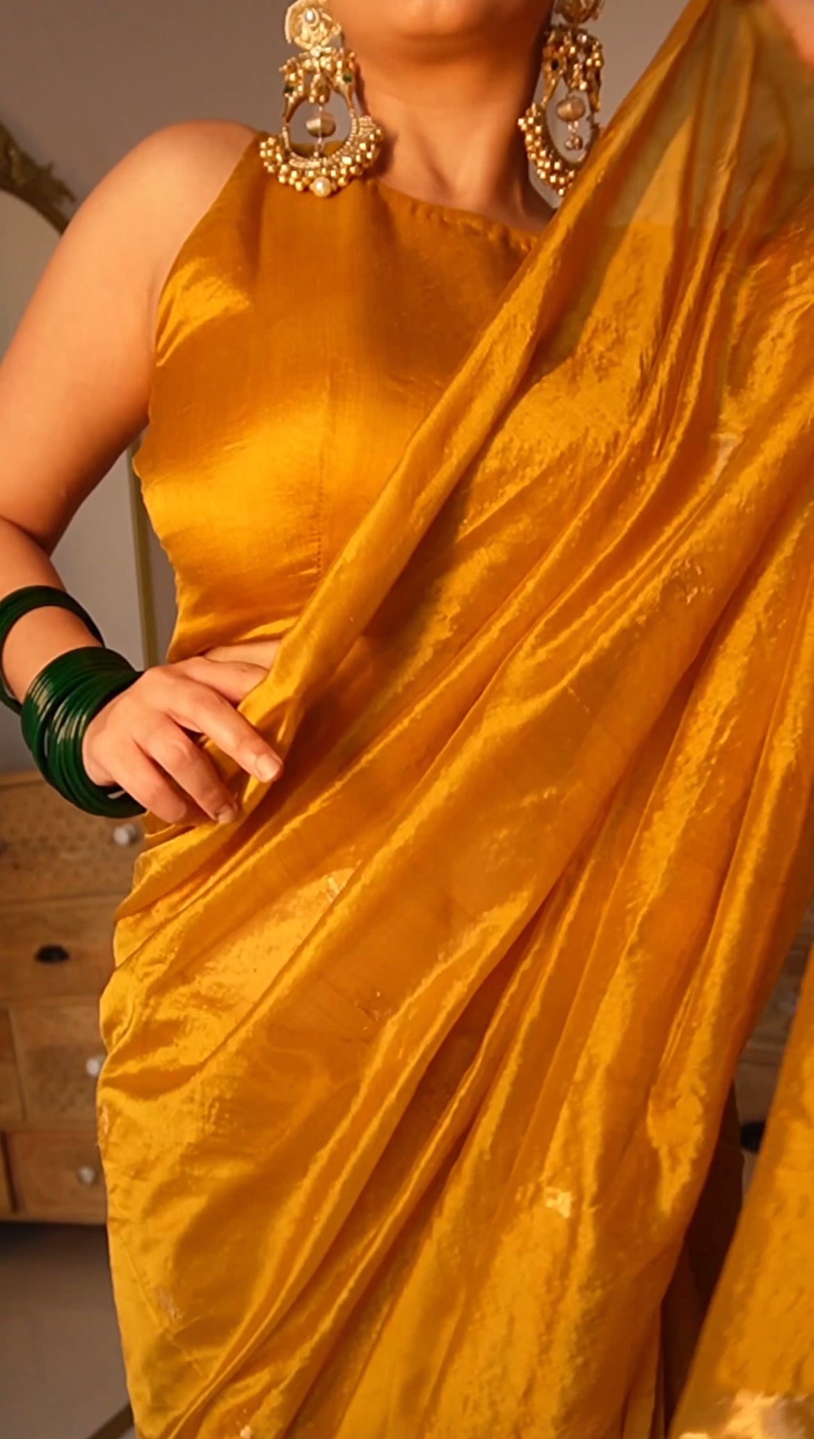 Mustard gold chanderi silk saree with flower bootis all over