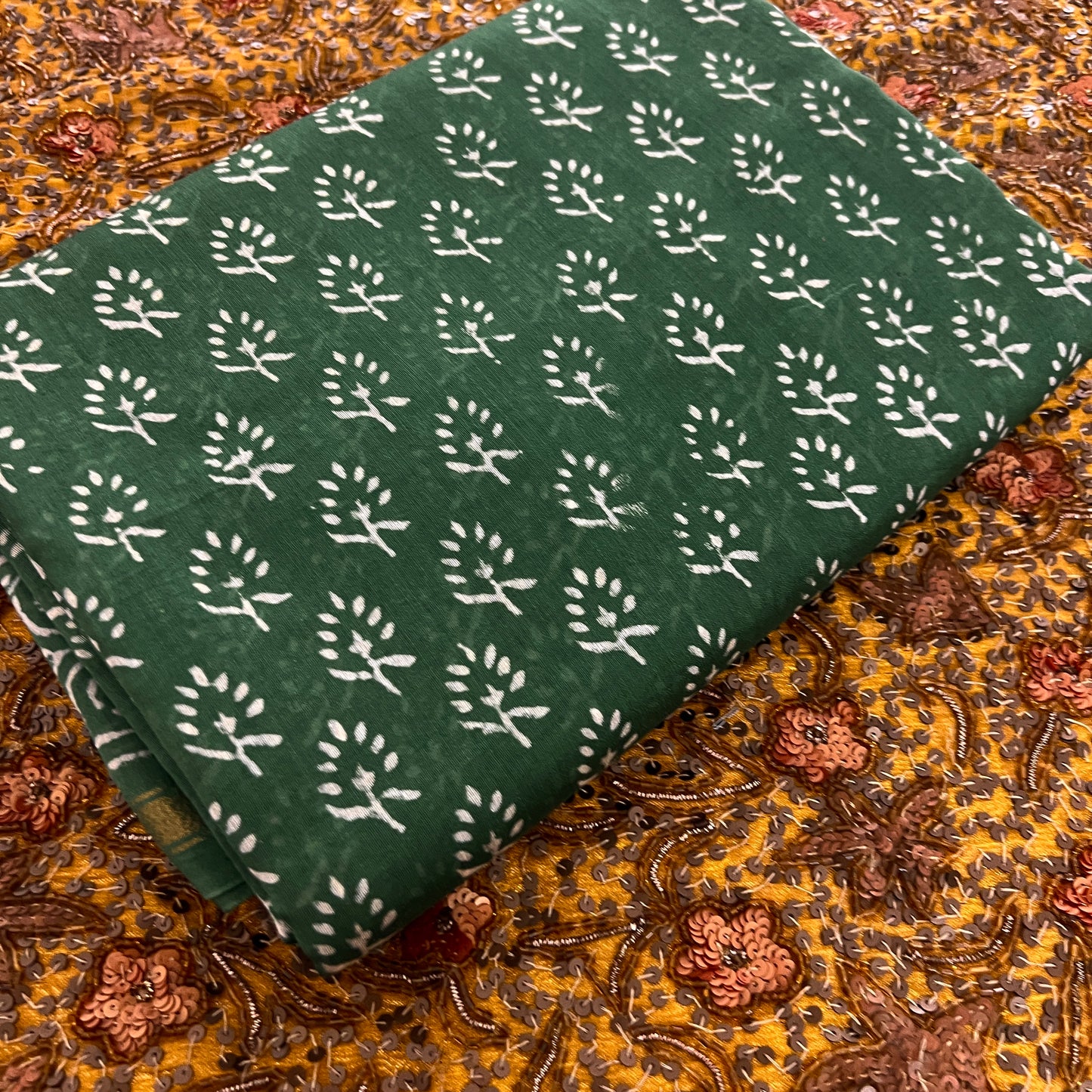 Green and white block print Chanderi saree