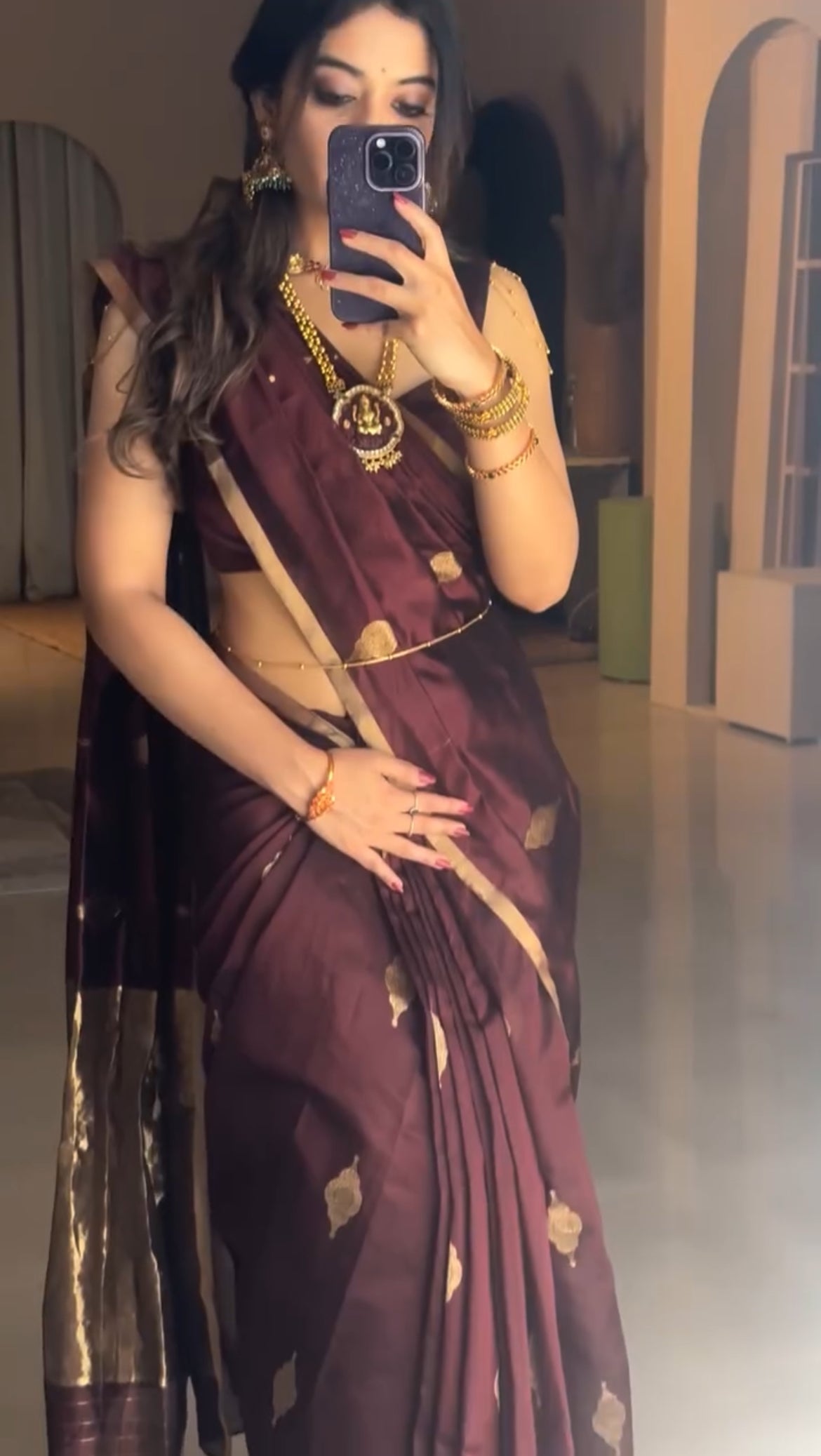 Mahogany chanderi silk saree with jhoomar motifs all over