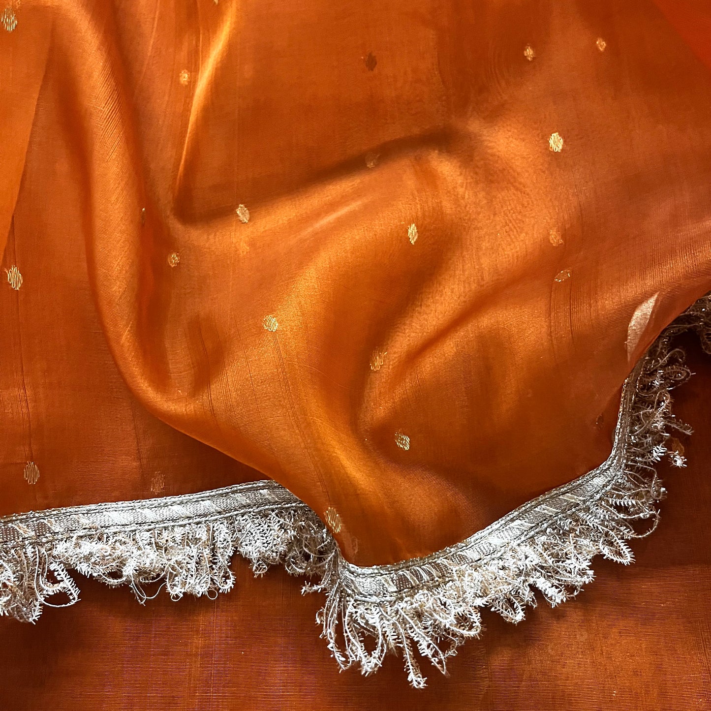 Burnt Orange Chanderi silk saree with zari bootis all over