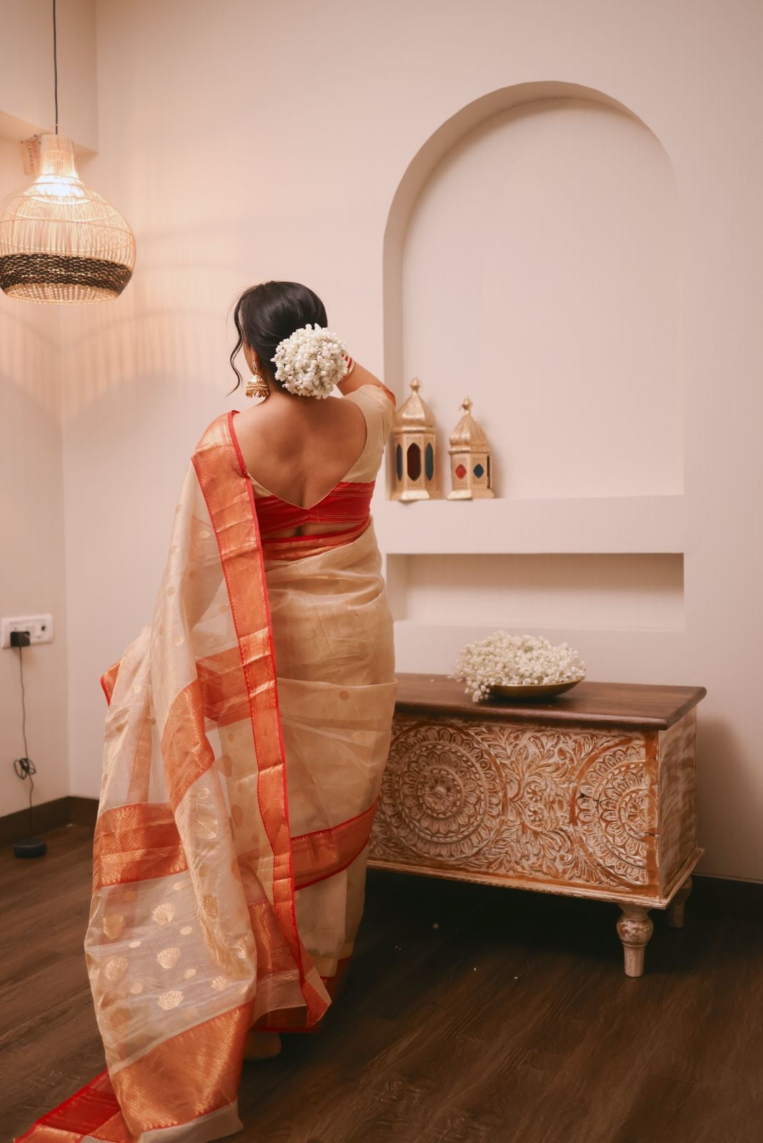 Gold Beige & Red Chanderi Silk Saree with Zari bootis all over