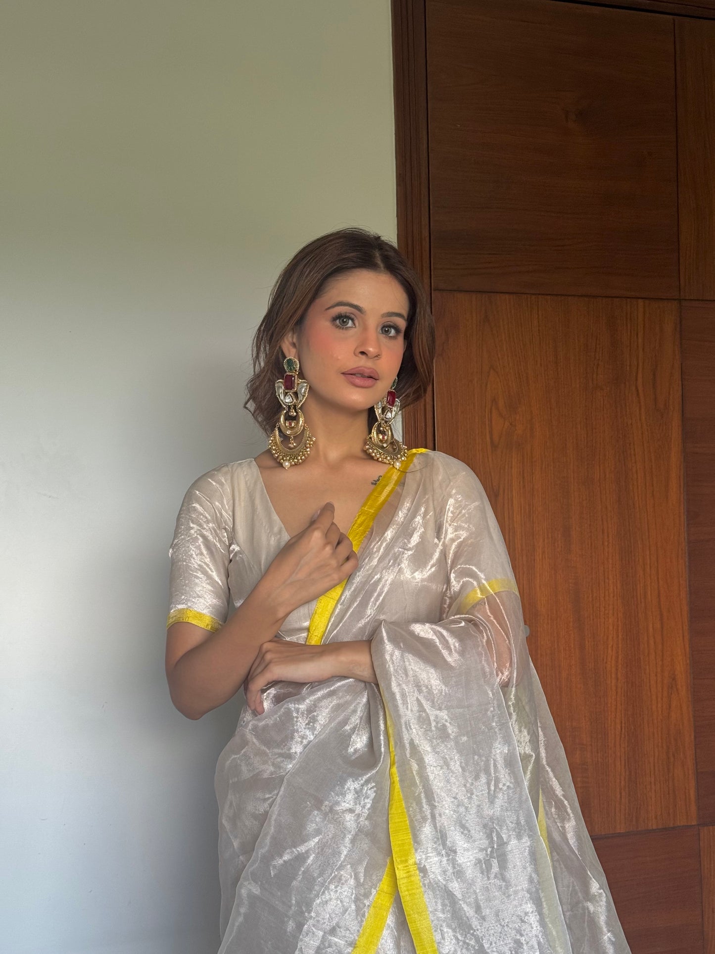 Silver white and lemon chanderi tissue silk saree