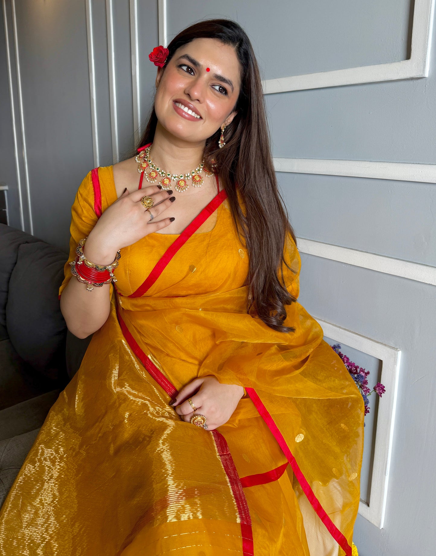 Mustard red Chanderi silk saree with zari bootis all over