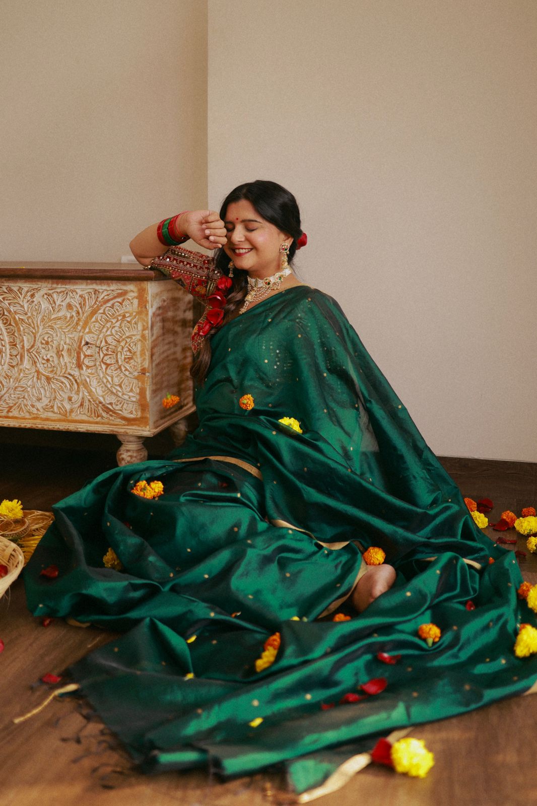 Dark Green Chanderi Silk Saree with Zari Bootis all over