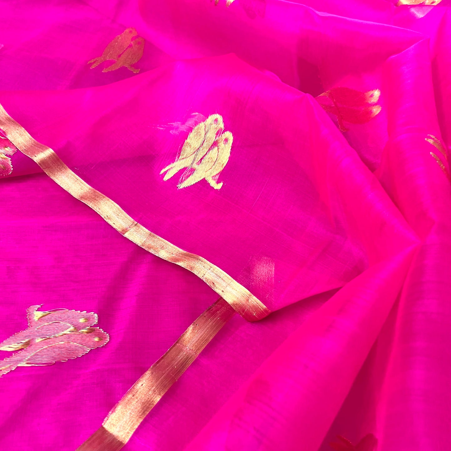 Pink chanderi organza silk saree with bird motifs all over