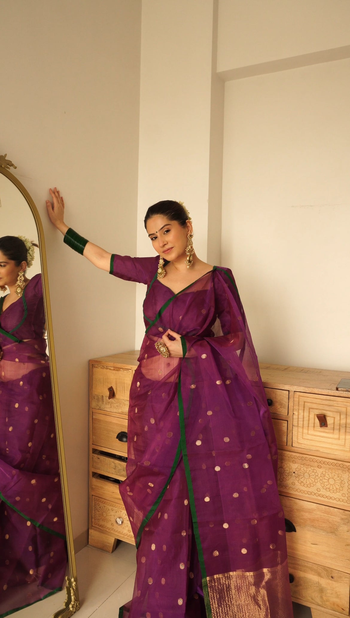 Violet dual tone chanderi silk saree with zari bootis all over