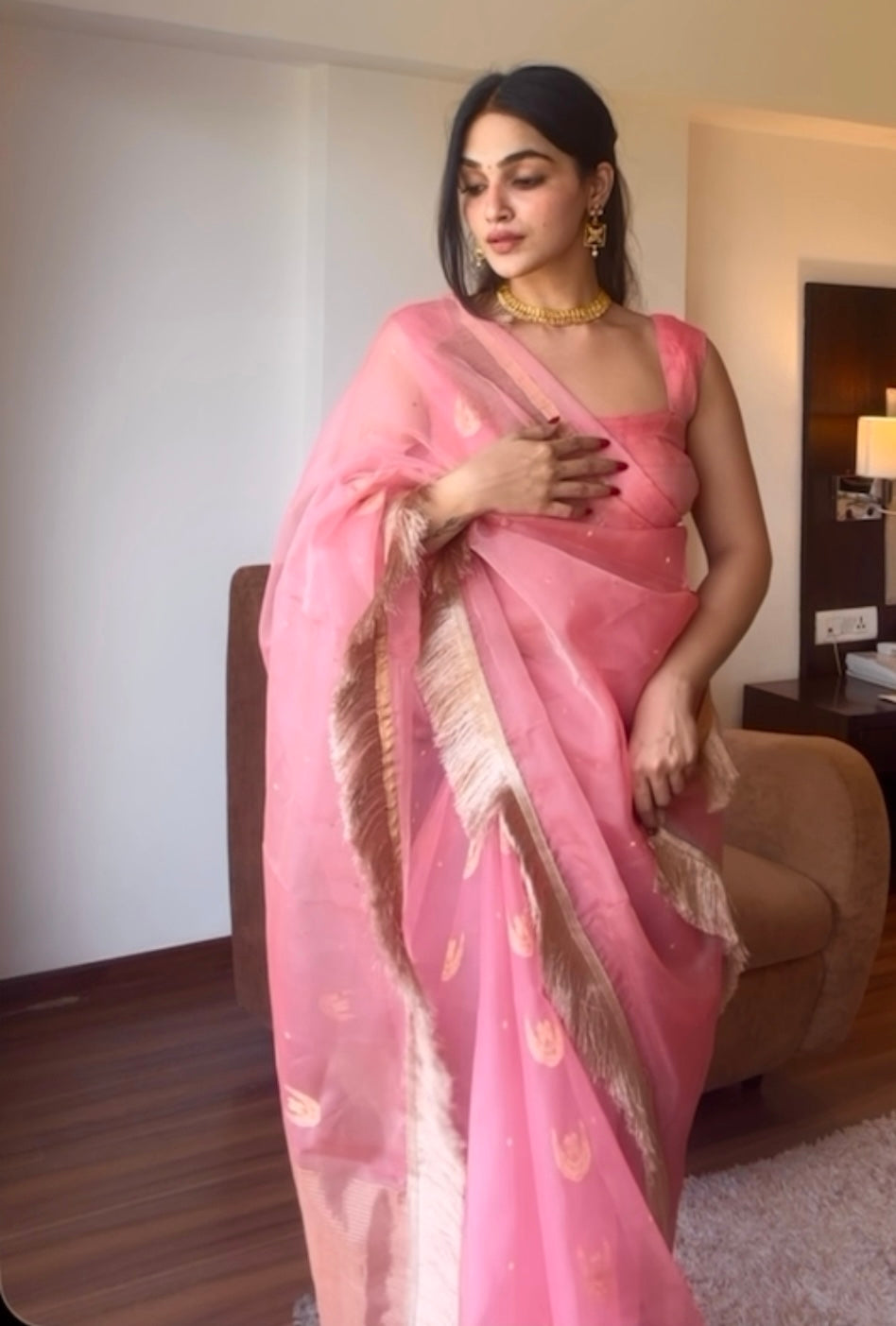 Ballet Pink chanderi silk saree with zari bootis and chaand bootis all over