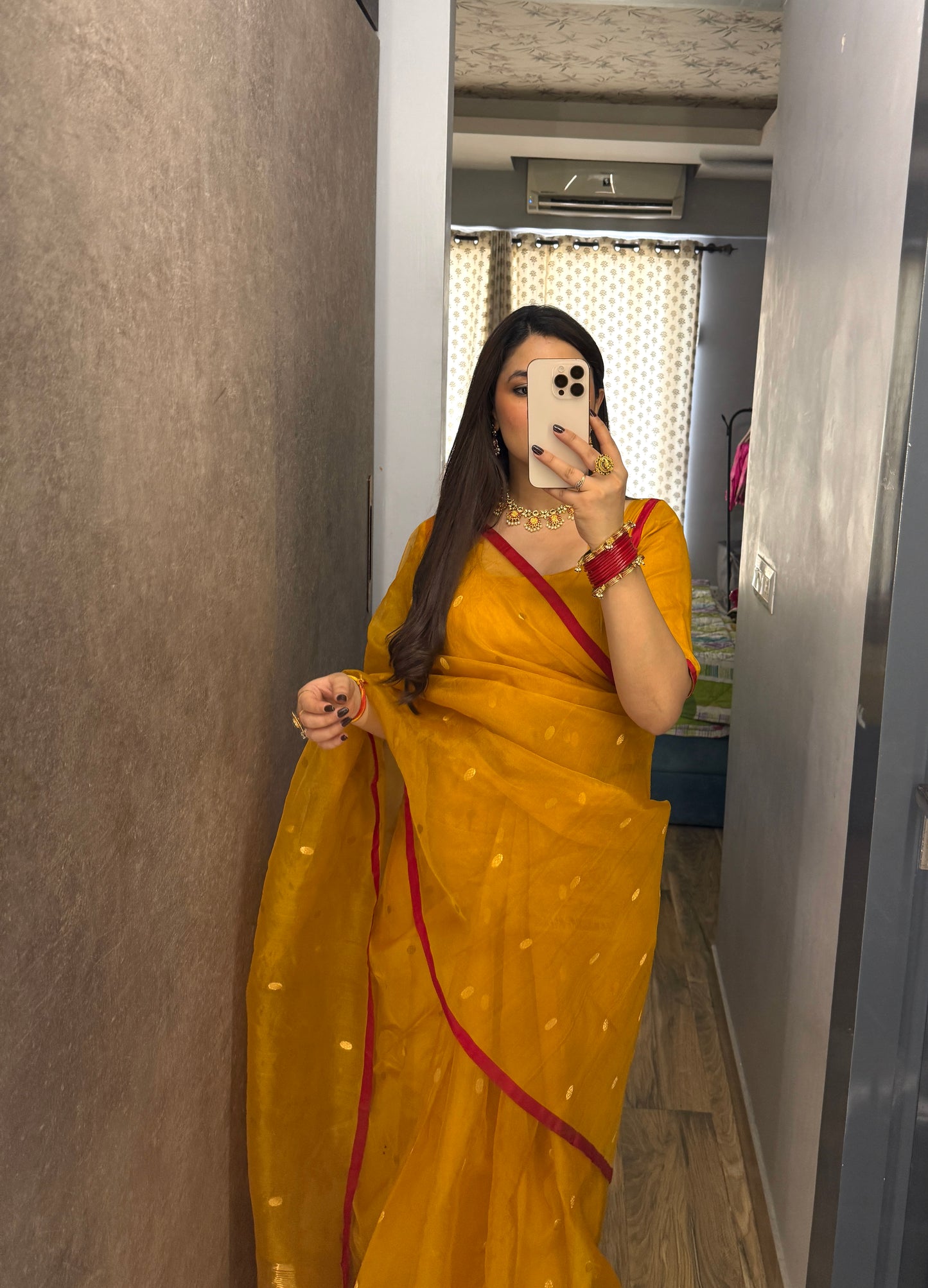 Mustard red Chanderi silk saree with zari bootis all over